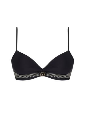  Voorgevormde Lise Charmel Swim Horizon Boreal bikinitop met beugel in diepzwart, liggend op een neutrale achtergrond, met verfijnde afwerkingen en verstelbare bandjes zichtbaar.