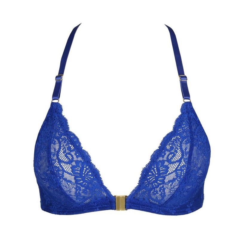 Marie Jo Melipha bralette in blauwe print, met zachte cups en verstelbare bandjes, liggend op een neutrale achtergrond.