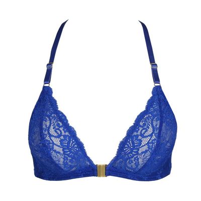 Marie Jo Melipha bralette in blauwe print, met zachte cups en verstelbare bandjes, liggend op een neutrale achtergrond.