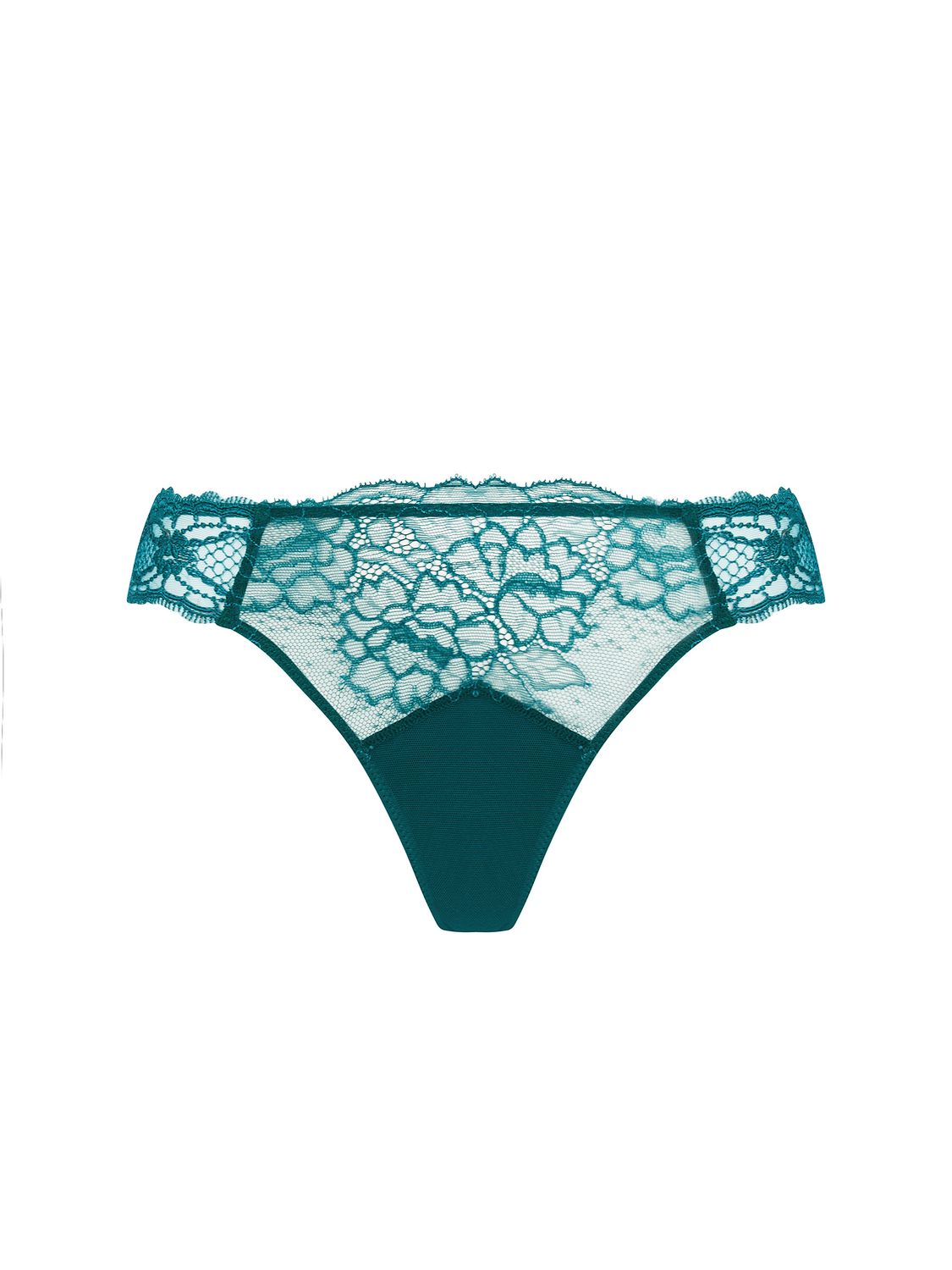 LISE CHARMEL SUBLIME EN DENTELLE Tanga in groen met verfijnde kanten details en bloemenpatroon, op een witte achtergrond.