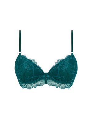 "LISE CHARMEL SUBLIME EN DENTELLE Push-up BH in groen met verfijnd bloemenkant en satijnen details, op een witte achtergrond."