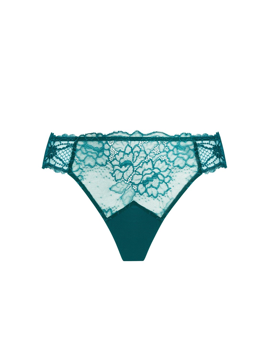 LISE CHARMEL SUBLIME EN DENTELLE Slip Séduction in groen met luxe kanten details en bloemenmotief, op een witte achtergrond.