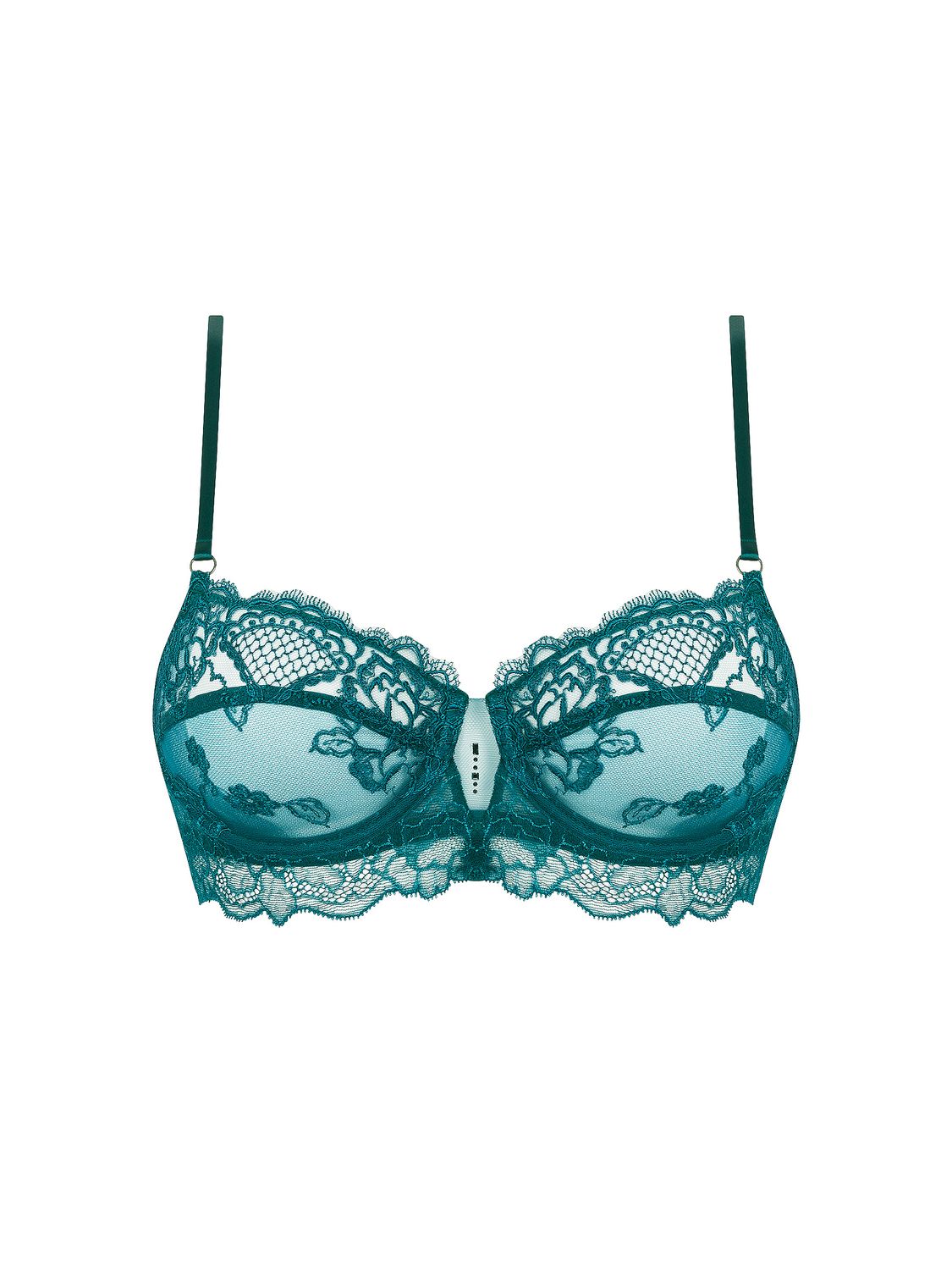 LISE CHARMEL SUBLIME EN DENTELLE Beugel BH Corbeille in groen met luxe kanten details en bloemenpatroon, op een witte achtergrond.