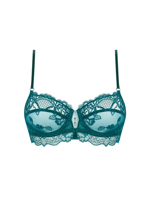 LISE CHARMEL SUBLIME EN DENTELLE Beugel BH Corbeille in groen met luxe kanten details en bloemenpatroon, op een witte achtergrond.