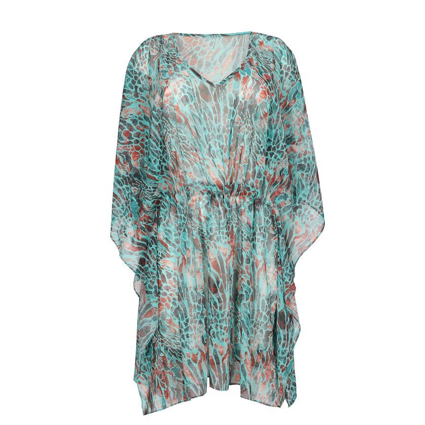 "Close-up van de PRIMA DONNA SWIM RIYAD Tuniek in Turquoise Seas, met verfijnde details en een frisse, zomerse kleur, gefotografeerd tegen een neutrale achtergrond."
