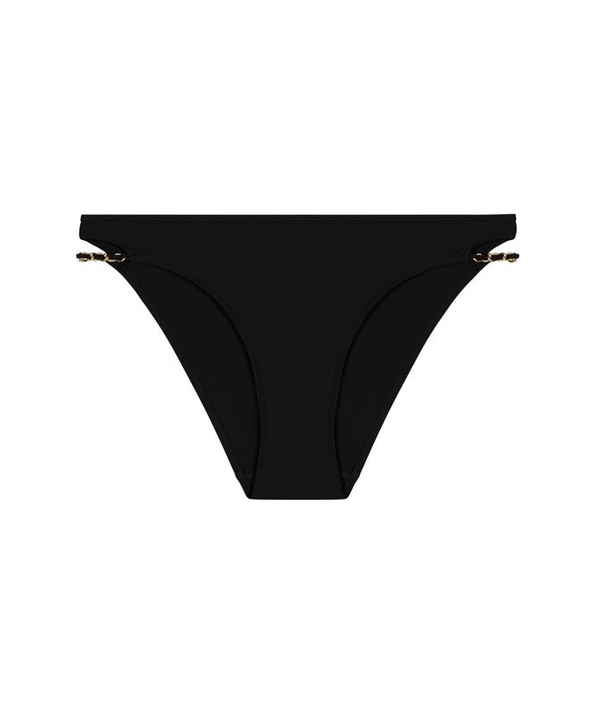 "Voorzijde van de Aubade Swim Sparkling Treasure bikinislip in zwart. De slip heeft een verfijnd en elegant design met subtiele glinsteringen en een comfortabele pasvorm."