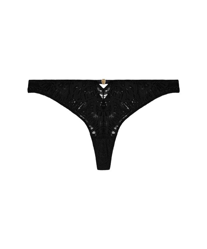 "Aubade Love Soul tanga in zwart. De tanga heeft verfijnde kanten details, transparante accenten en een comfortabele, sensuele pasvorm."