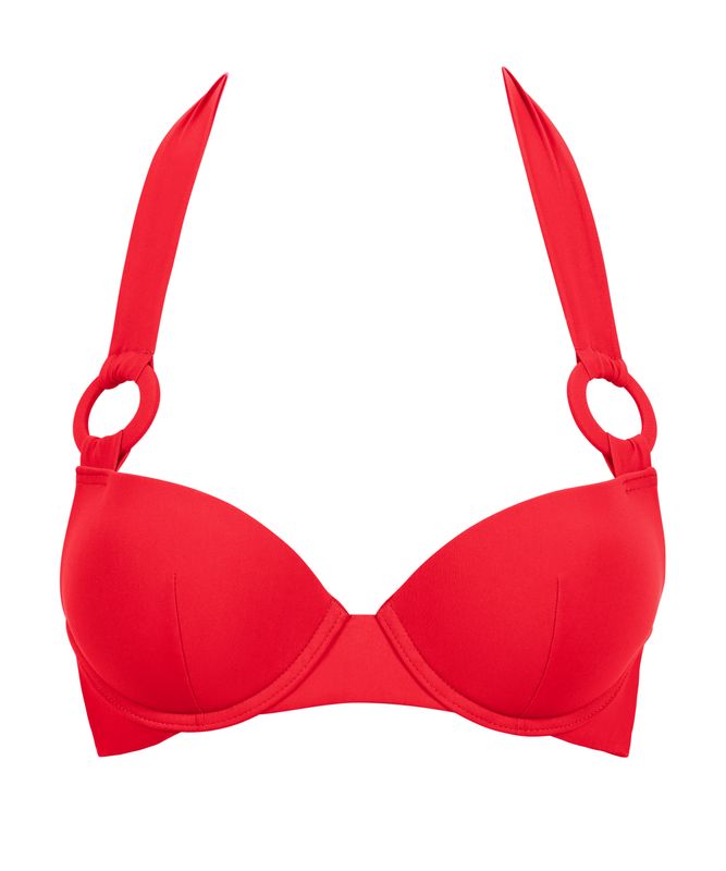 "Close-up van de Aubade Swim Summer Essence Push-Up Bikinitop in de kleur Fire, met een elegant push-up design, verstelbare bandjes en verfijnde details, perfect voor een zomerse strandlook."