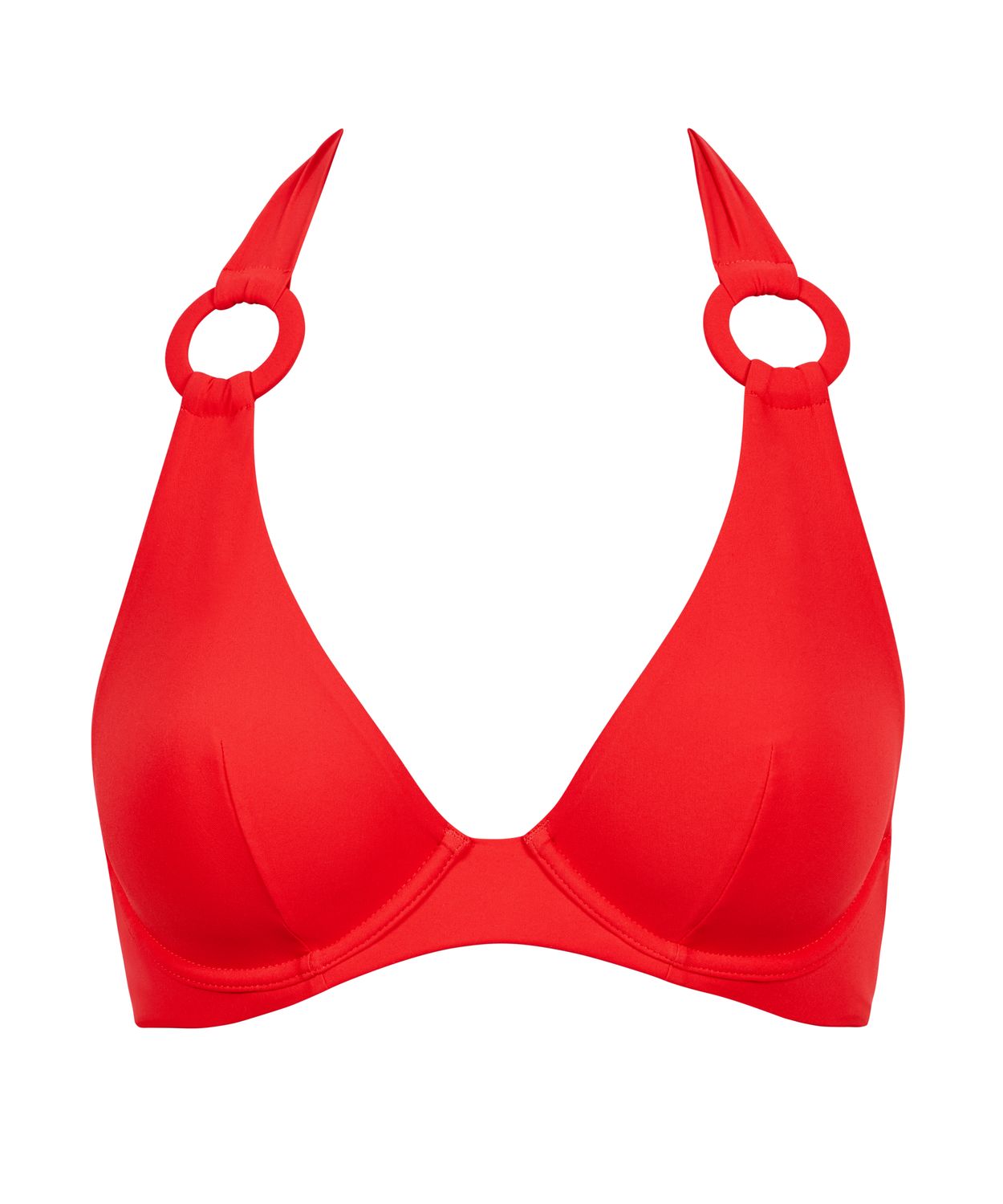 "Close-up van de Aubade Swim Summer Essence Triangle Plunge Bikinitop in de kleur Fire, met een diepe plunge-halslijn, verstelbare bandjes en verfijnde details."