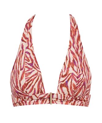 "Close-up van de Aubade Swim Feline Energy Triangle Bikinitop in het Pink Tiger-dessin, met driehoekige cups, verstelbare bandjes en een speelse dierenprint."