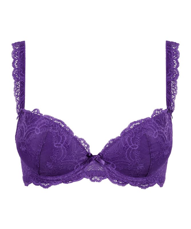 "Aubade Danse de Sens push-up bh in Spiced Plum, een elegante bh met luxueus kant en push-up effect, afgebeeld tegen een witte achtergrond."