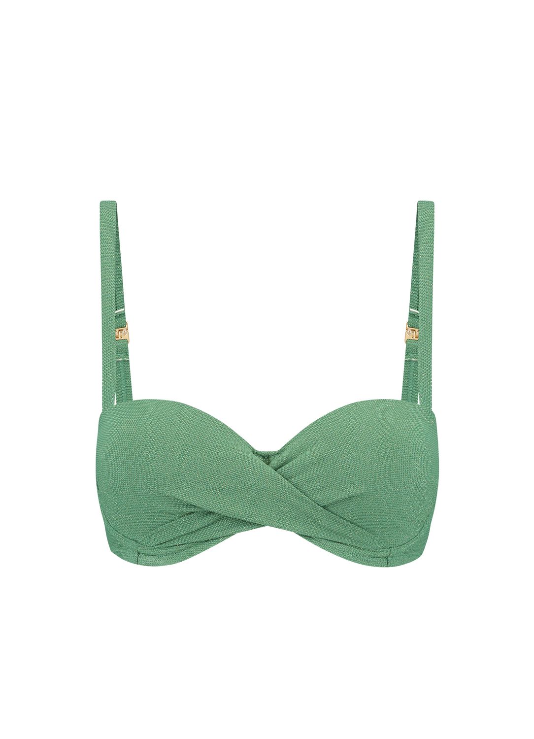 "BEACHLIFE GREEN SHIMMER padded wired bikinitop in een glanzende groene stof, met gewatteerde cups, verstelbare schouderbandjes en een stijlvolle uitstraling, gefotografeerd op een witte achtergrond."