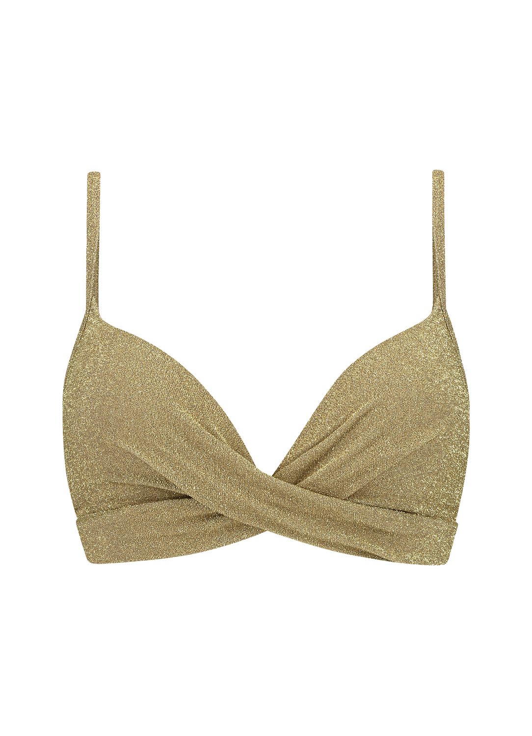 "BEACHLIFE GOLD GLITTER padded wired bikinitop in een glanzende gouden glitterstof, met gewatteerde cups, verstelbare schouderbandjes en een elegante uitstraling, gefotografeerd op een witte achtergrond."