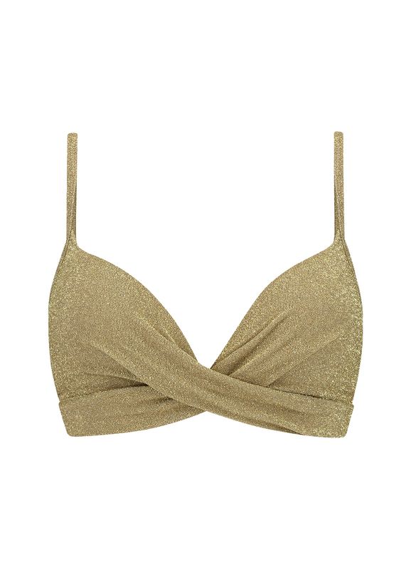 "BEACHLIFE GOLD GLITTER padded wired bikinitop in een glanzende gouden glitterstof, met gewatteerde cups, verstelbare schouderbandjes en een elegante uitstraling, gefotografeerd op een witte achtergrond."