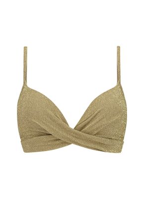 "BEACHLIFE GOLD GLITTER padded wired bikinitop in een glanzende gouden glitterstof, met gewatteerde cups, verstelbare schouderbandjes en een elegante uitstraling, gefotografeerd op een witte achtergrond."