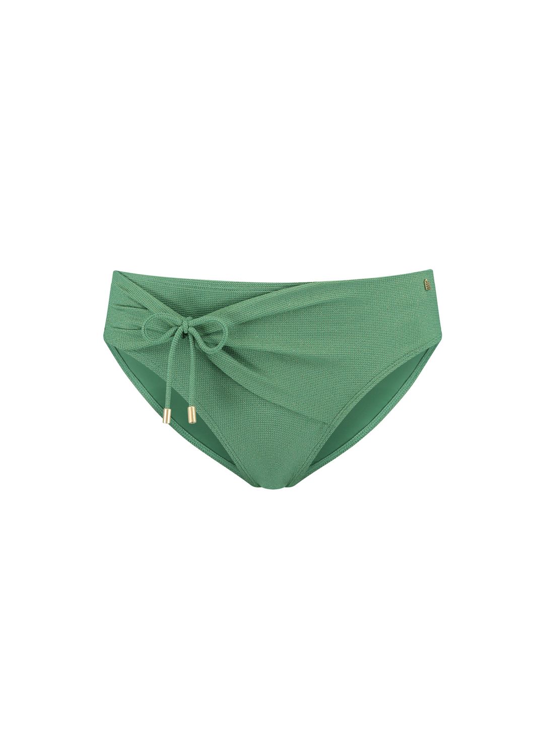 "BEACHLIFE GREEN SHIMMER mid waist bottom in een groene shimmer-stof met een flatterend ontwerp, normale beenuitsnijding en een subtiele glans, gefotografeerd op een witte achtergrond."
