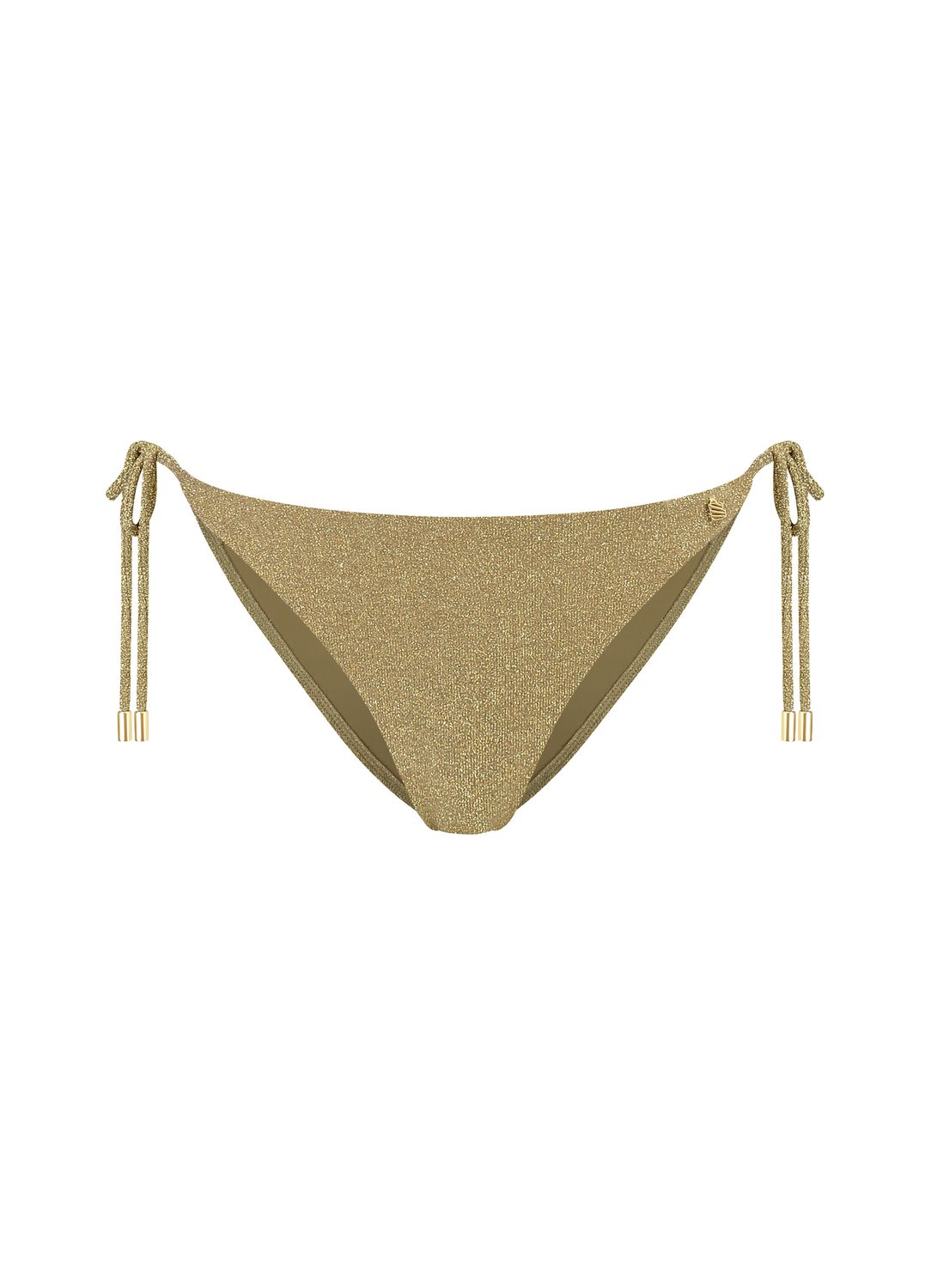 "BEACHLIFE GOLD GLITTER mid waist bottom in een gouden glitterstof met een flatterend ontwerp, normale beenuitsnijding en een glamoureuze uitstraling, gefotografeerd op een witte achtergrond."
