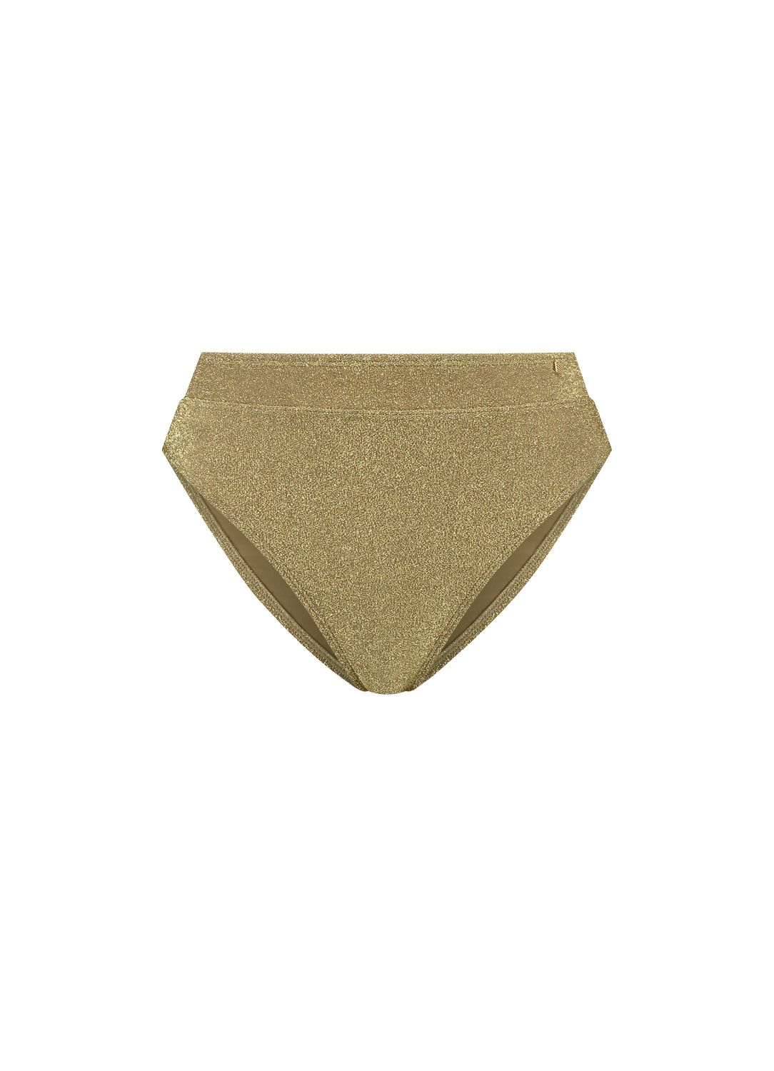 BEACHLIFE GOLD GLITTER high waist bottom "BEACHLIFE GOLD GLITTER high waist bottom in een gouden glitterstof met een flatterend hoog taillemodel, normale beenuitsnijding en een glamoureuze uitstraling, gefotografeerd op een witte achtergrond."