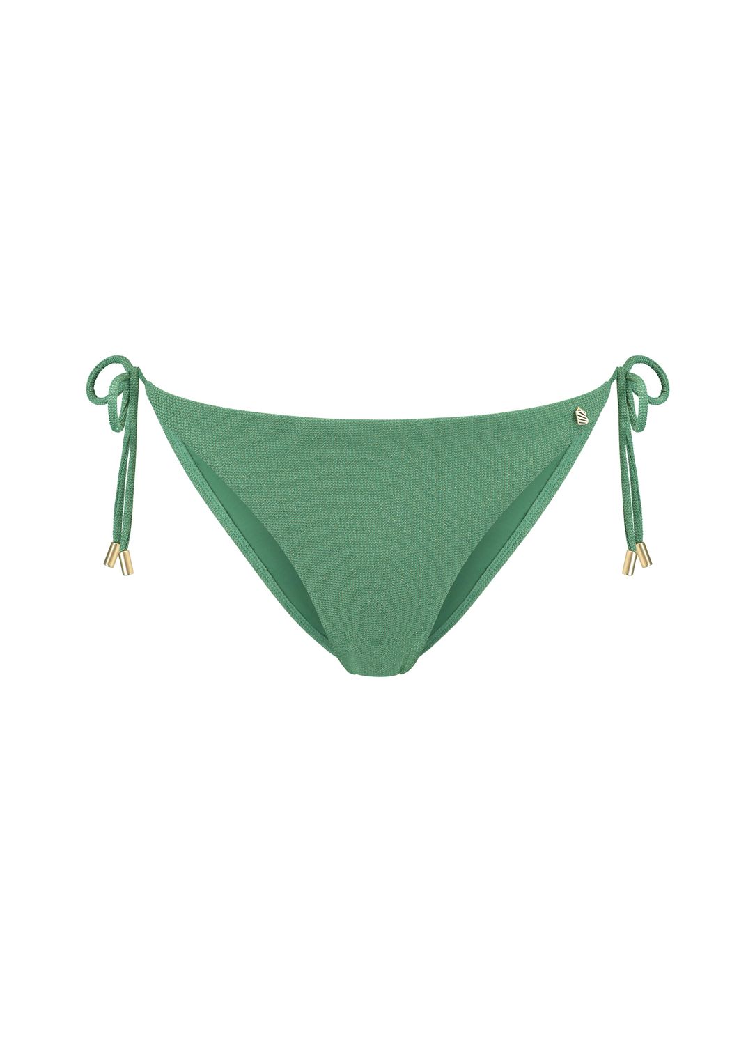 "BEACHLIFE GREEN SHIMMER mid waist bottom in een groene shimmer-stof met een flatterende hogere tailleband, normale beenuitsnijding en een subtiele glans, gefotografeerd op een witte achtergrond."