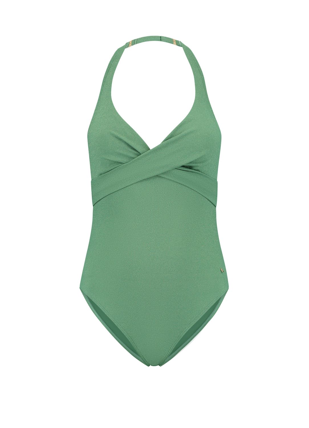 "BEACHLIFE GREEN SHIMMER padded swimsuit in een groene shimmer-stof met gewatteerde cups, verstelbare schouderbandjes en een luxe uitstraling, gefotografeerd op een witte achtergrond."
