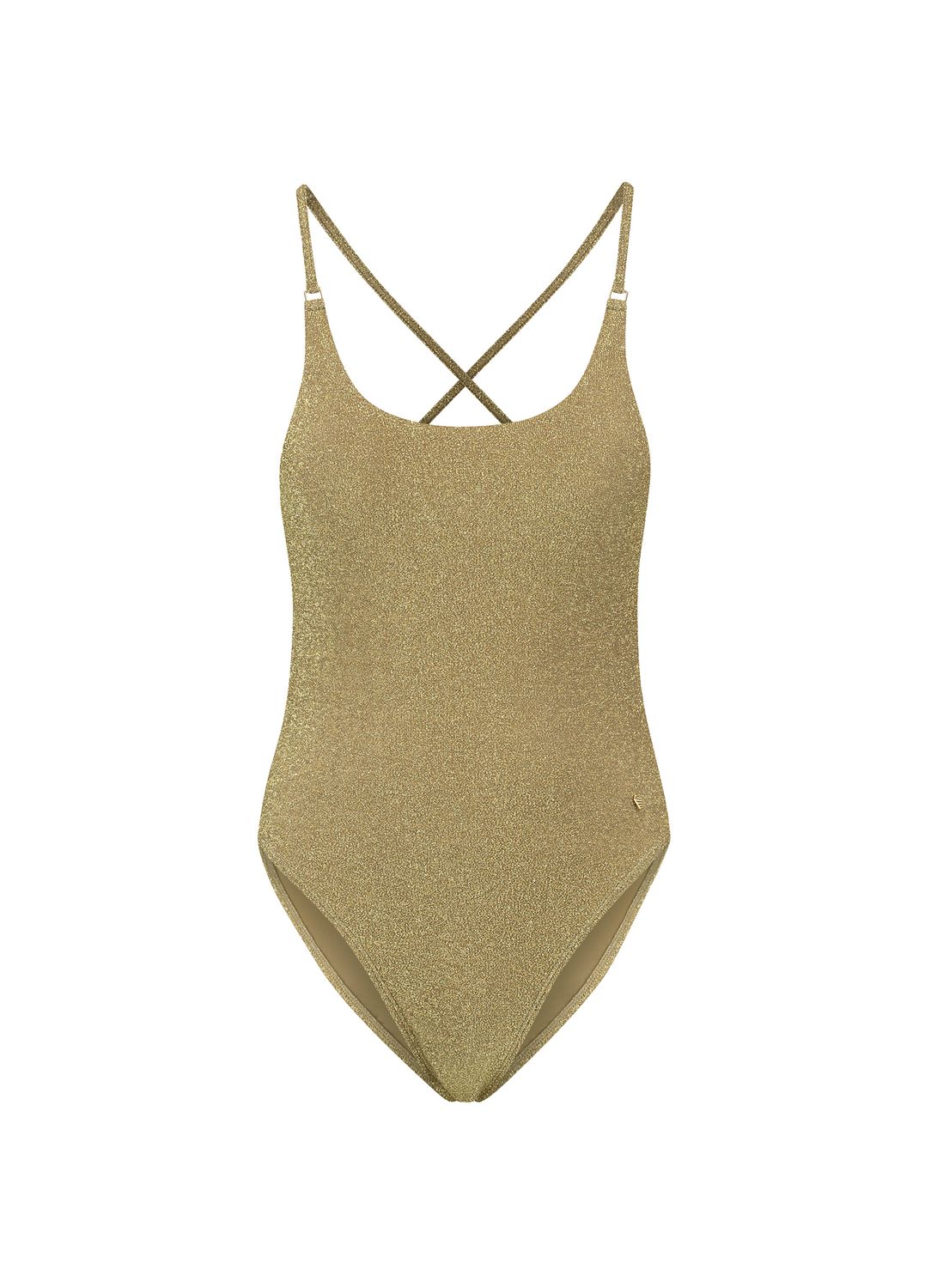 "BEACHLIFE GOLD GLITTER padded swimsuit in een gouden glitterstof met gewatteerde cups, verstelbare schouderbandjes en een luxe uitstraling, gefotografeerd op een witte achtergrond."
