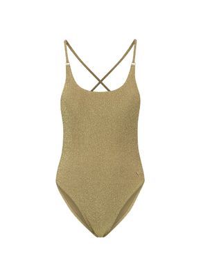 "BEACHLIFE GOLD GLITTER padded swimsuit in een gouden glitterstof met gewatteerde cups, verstelbare schouderbandjes en een luxe uitstraling, gefotografeerd op een witte achtergrond."
