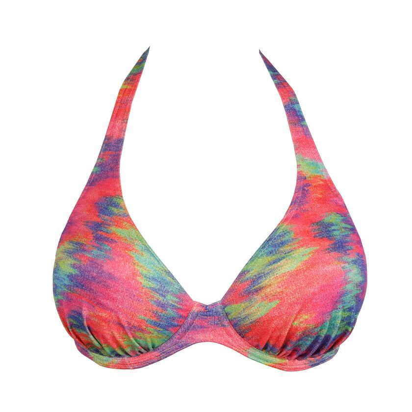 "Prima Donna Swim Cairo plunge bikinitop in de kleur Sunset Nile, met een diepe V-hals, etnische print en gouden accenten, afgebeeld op een witte achtergrond."