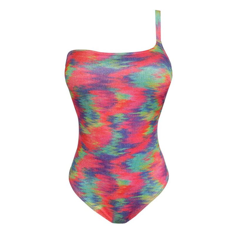 "Prima Donna Swim Cairo voorgevormd badpak in Sunset Nile, met een one-shoulder design, etnische print en gouden accenten, afgebeeld op een witte achtergrond."