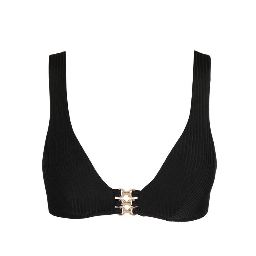 "Marie Jo Swim Emly Triangle Bikinitop in zwart, met verfijnde details en een elegante pasvorm, afgebeeld op een witte achtergrond."