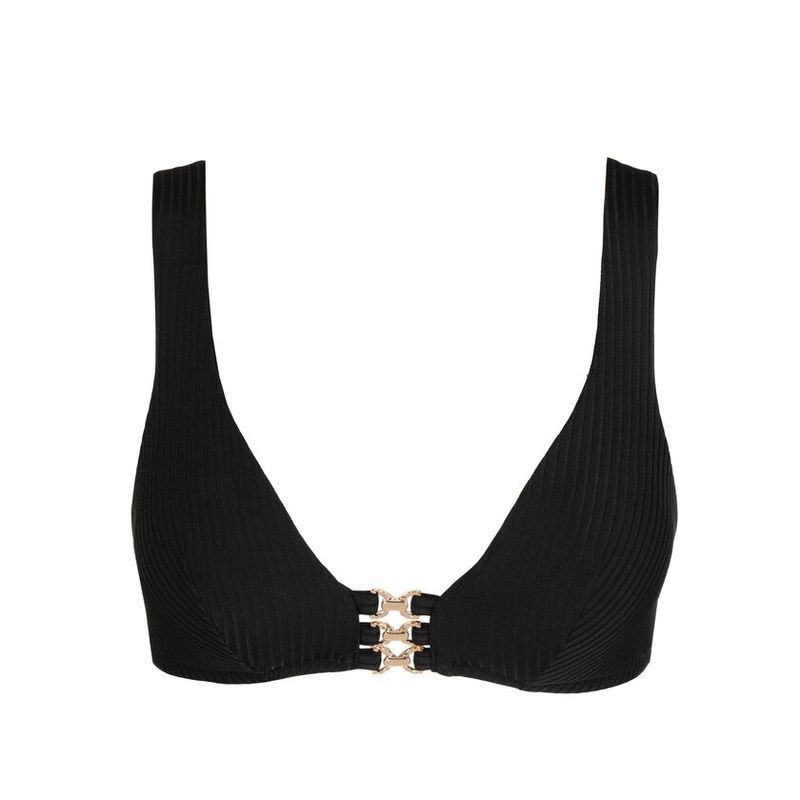 "Marie Jo Swim Emly Triangle Bikinitop in zwart, met verfijnde details en een elegante pasvorm, afgebeeld op een witte achtergrond."