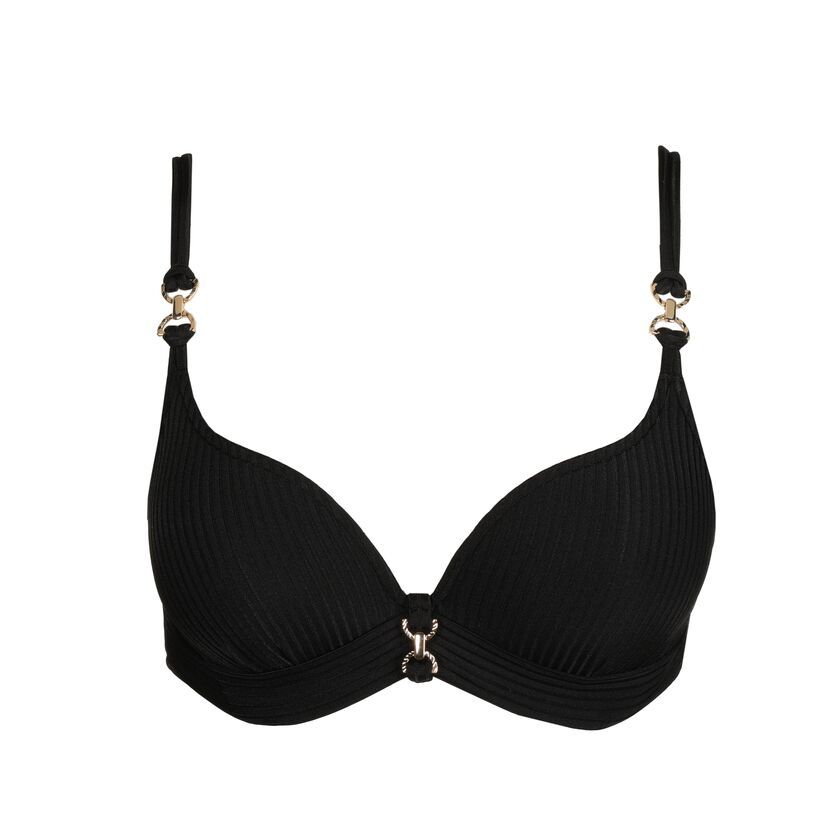 "Marie Jo Swim Emly Voorgevormde Bikinitop in zwart, met hartvormige snit en elegante pasvorm, afgebeeld op een witte achtergrond."