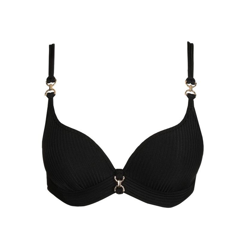 "Marie Jo Swim Emly Voorgevormde Bikinitop in zwart, met hartvormige snit en elegante pasvorm, afgebeeld op een witte achtergrond."