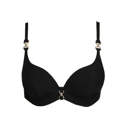 "Marie Jo Swim Emly Voorgevormde Bikinitop in zwart, met hartvormige snit en elegante pasvorm, afgebeeld op een witte achtergrond."