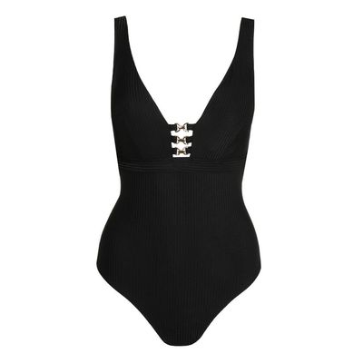 "Marie Jo Swim Emly Badpak in zwart, met een klassieke snit en elegante pasvorm, afgebeeld op een witte achtergrond."