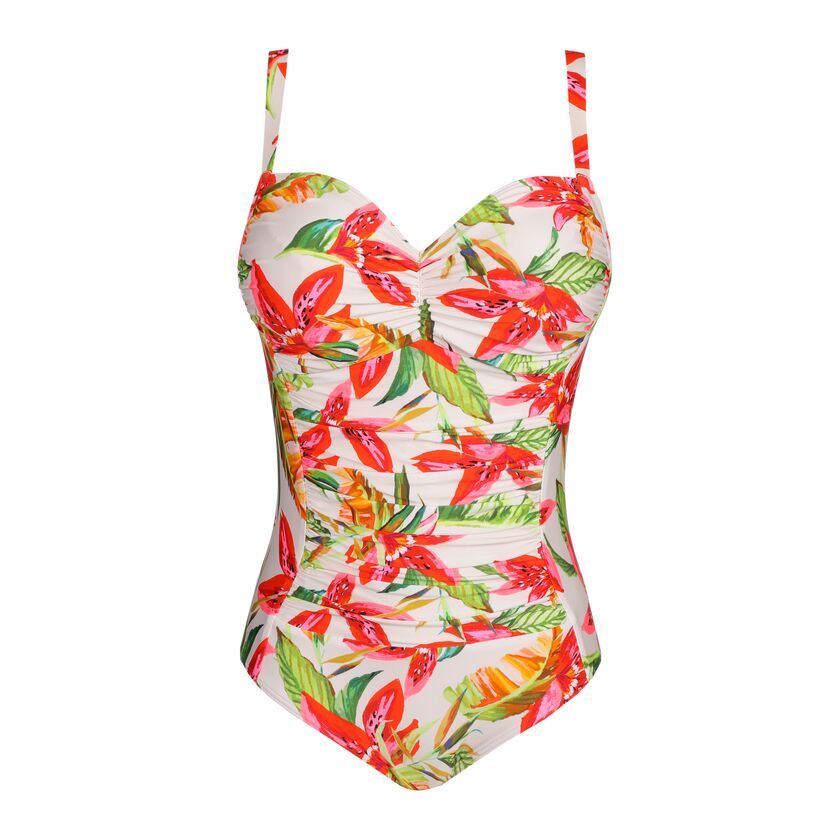 "Prima Donna Swim Tanzania badpak in Calm Tropics, met een flatterende snit en stijlvolle tropische print, gepresenteerd tegen een neutrale achtergrond."