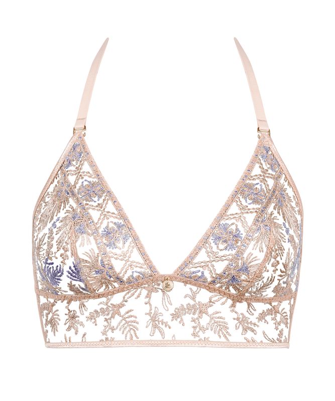"Aubade Sound of Heart Triangle Bralette in Lavender Aura, met luxe kanten details en verfijnd borduursel, afgebeeld op een witte achtergrond."