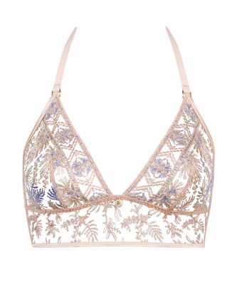 "Aubade Sound of Heart Triangle Bralette in Lavender Aura, met luxe kanten details en verfijnd borduursel, afgebeeld op een witte achtergrond."