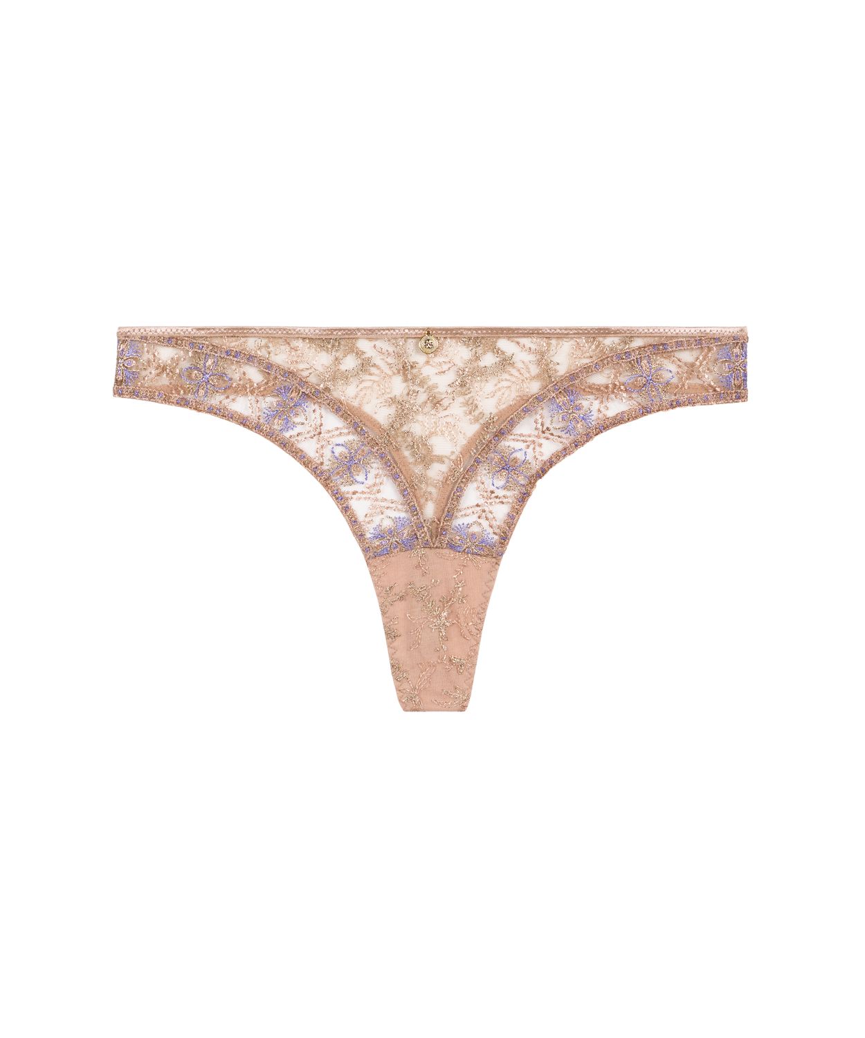 "Aubade Sound of Heart String in Lavender Aura, met luxe kanten details en sierlijk borduursel, afgebeeld op een witte achtergrond."
