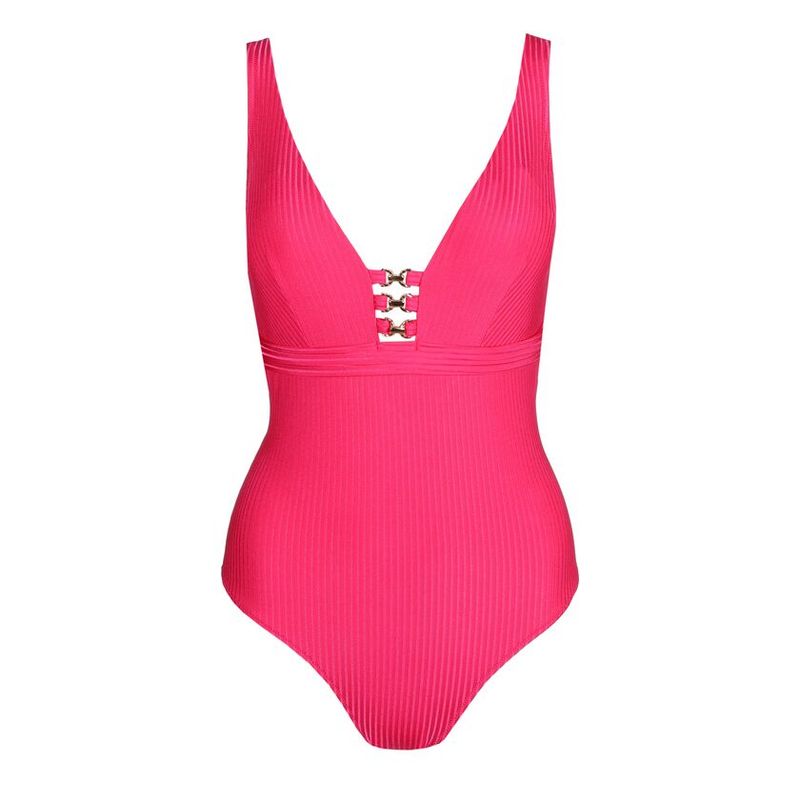 "Marie Jo Swim Emly badpak in Dragon Fruit, met voorgevormde cups en een flatterende pasvorm, afgebeeld op een witte achtergrond."