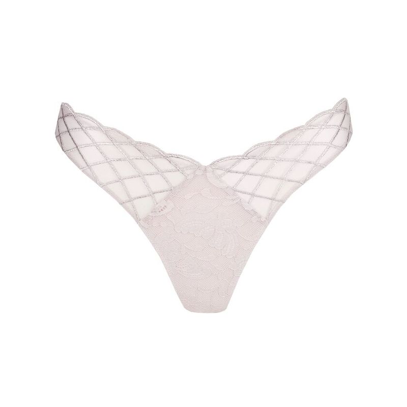 "Marie Jo Aven string in Marble, met een elegante pasvorm en subtiele kanten details, afgebeeld op een witte achtergrond."