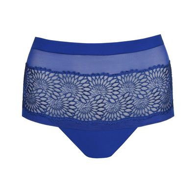"Prima Donna Sophora hotpants in Blue Print, met luxe kanten details en grafisch borduursel, afgebeeld op een witte achtergrond."