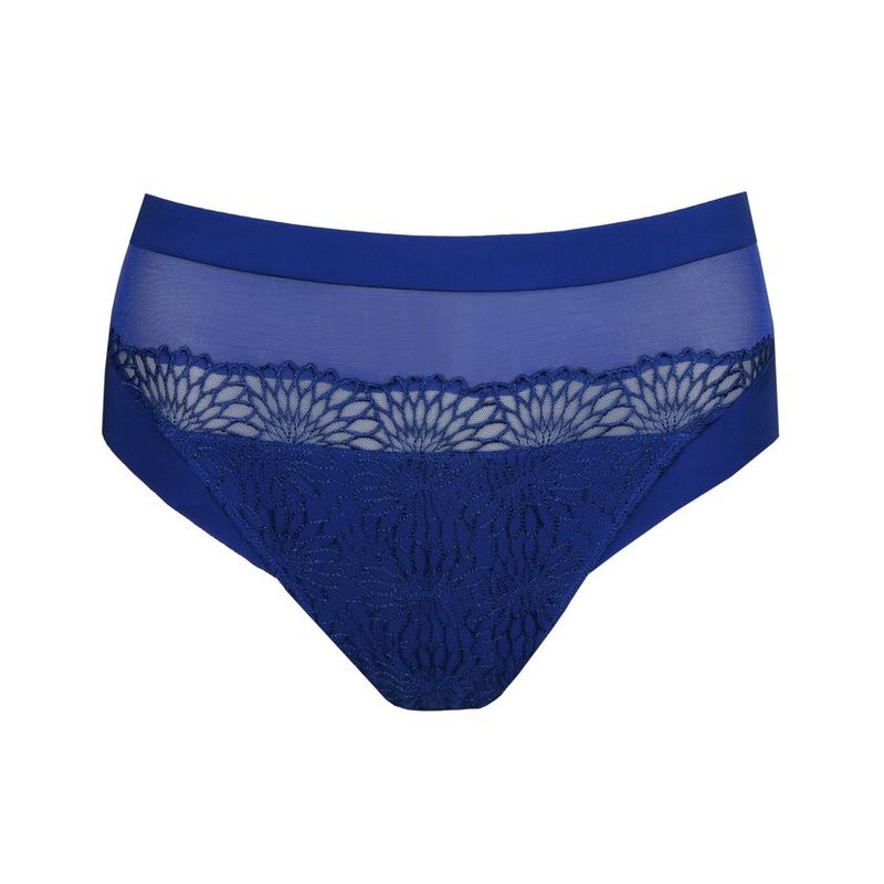 "Prima Donna Sophora tailleslip in Blue Print, met luxe kant en grafisch borduursel, afgebeeld op een witte achtergrond."