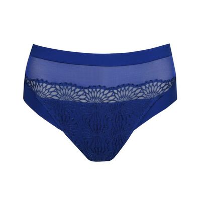 "Prima Donna Sophora tailleslip in Blue Print, met luxe kant en grafisch borduursel, afgebeeld op een witte achtergrond."