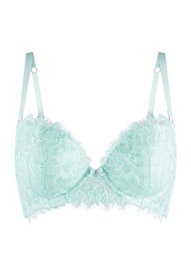 "LingaDore Push-up BH in Jade Blue, een elegante en voorgevormde bh met subtiele padding, verstelbare schouderbandjes en beugels, afgebeeld op een witte achtergrond."