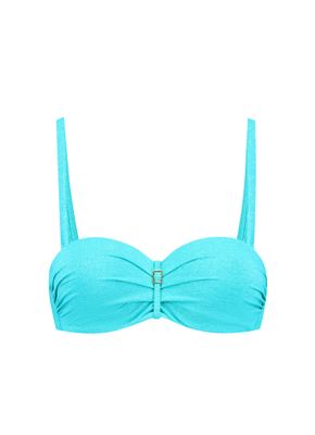 "Cyell Sea Sparkle Voorgevormde Bikinitop met Beugel in glanzend blauw met glitterdetails, afgebeeld op een witte achtergrond."