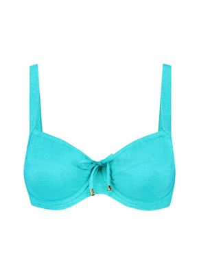 "Cyell Sea Sparkle Bikinitop met Beugel in glanzend blauw met glitterdetails, afgebeeld op een witte achtergrond."