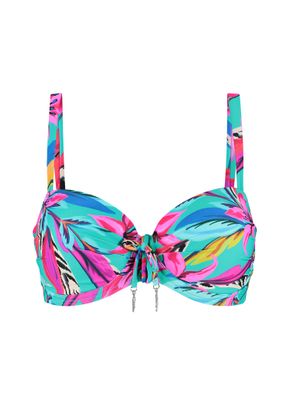 "Cyell Fiji Voorgevormde Bikinitop met Beugel in tropische bloemenprint op blauwe achtergrond, afgebeeld op een witte achtergrond."