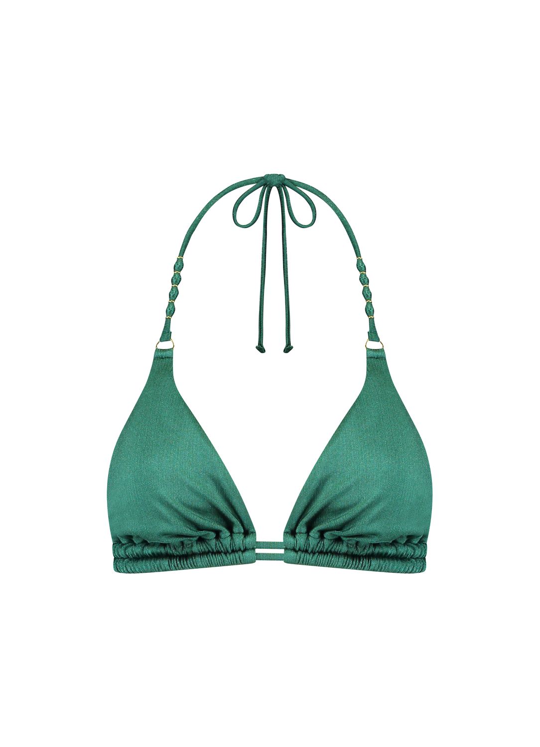 "Cyell Treasure Green Triangle Bikinitop in glanzend groen, afgebeeld op een witte achtergrond."