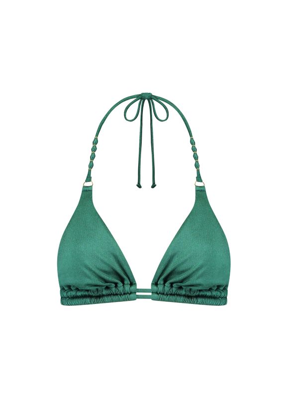 "Cyell Treasure Green Triangle Bikinitop in glanzend groen, afgebeeld op een witte achtergrond."