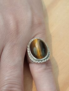 Sterling Silver Tiger&#39;s Eye Ring - Size L - Fully Hallmarked 1975 Birmingham - See Description (ss1146)